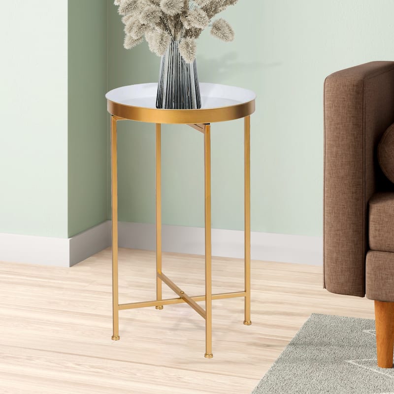Adeco Round End Table Gold Metal Side Nightstand Accent Coffee Tables - 15""(D)x 15""(W)x 25.7""(H)