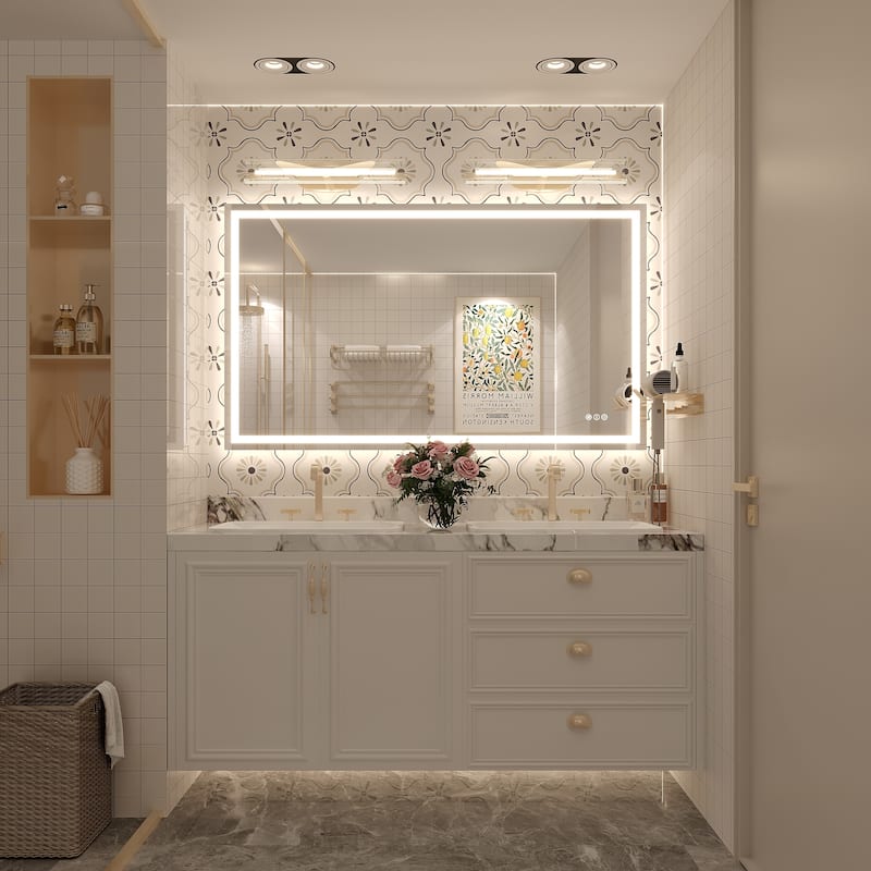 Large LED Bathroom mirror Tempered Glass Dimmable Anti-Fog Vanity Mirror