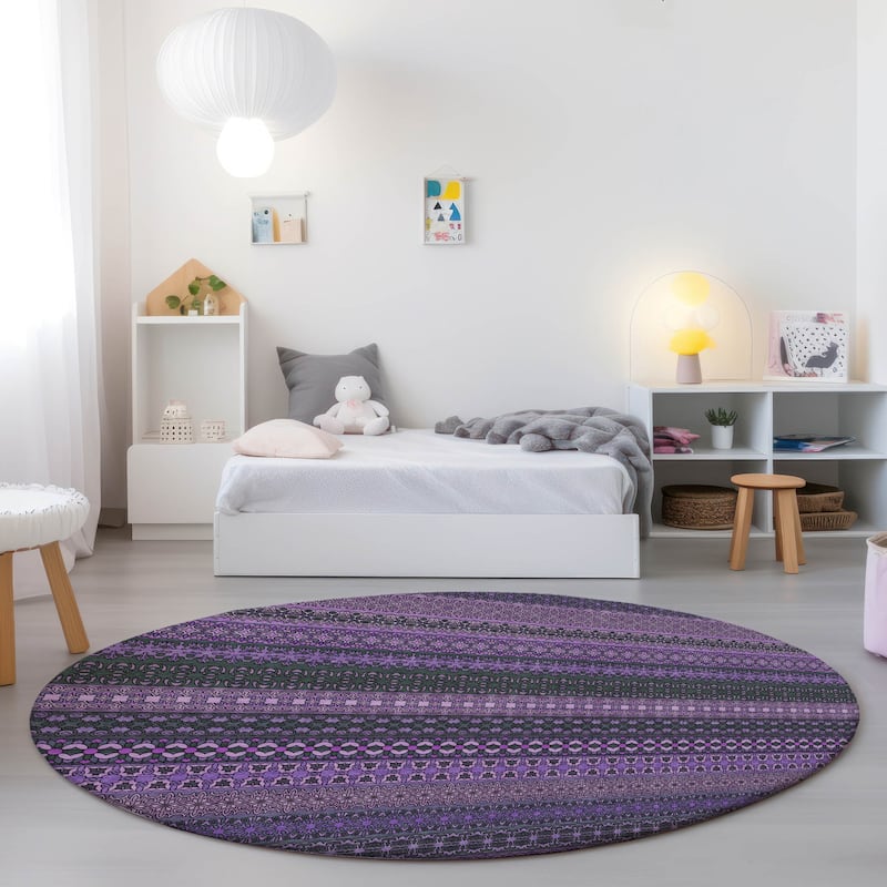 Machine Washable Indoor/ Outdoor Moroccan Stripes Chantille Rug - Purple - 8' x 8'