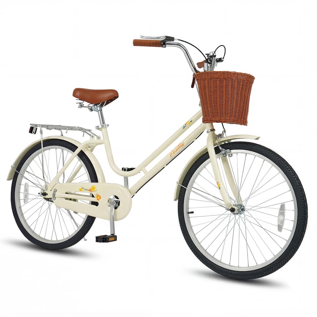 Gymax 24-Inch Beach Cruiser Bike w/Adjustable Seat Woven Basket & Rear