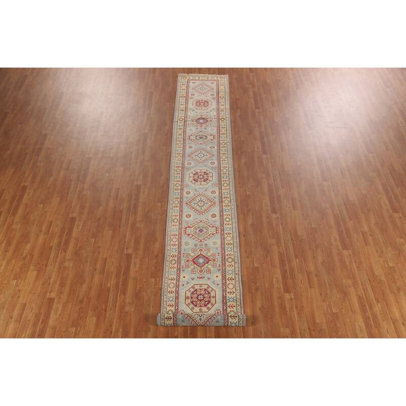 Light Blue Kazak Runner Rug Handmade Oriental Wool Carpet - 2'6" x 15'0"