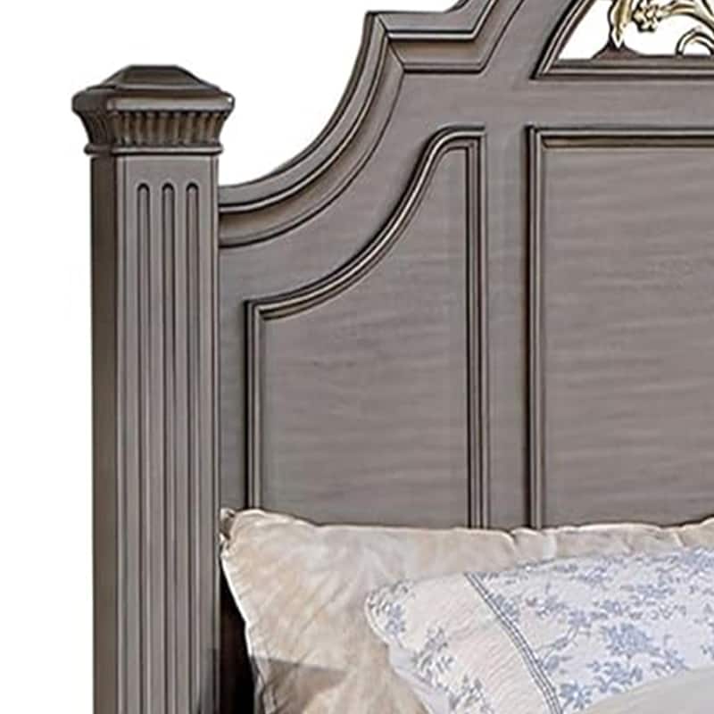 Recus Queen Bed, Carved Floral Details, Arched Headboard, Gray Wood