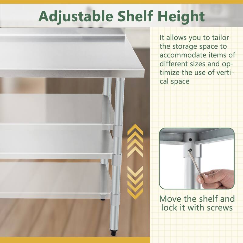 Profeeshaw Stainless Steel Work Table with Backsplash & Adjustable Shelf for Commercial Use - 48"L x 30"W x 37"H