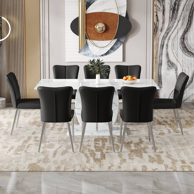 Modern 9-Piece Dining Table Set with Black PU Dining Side Chairs