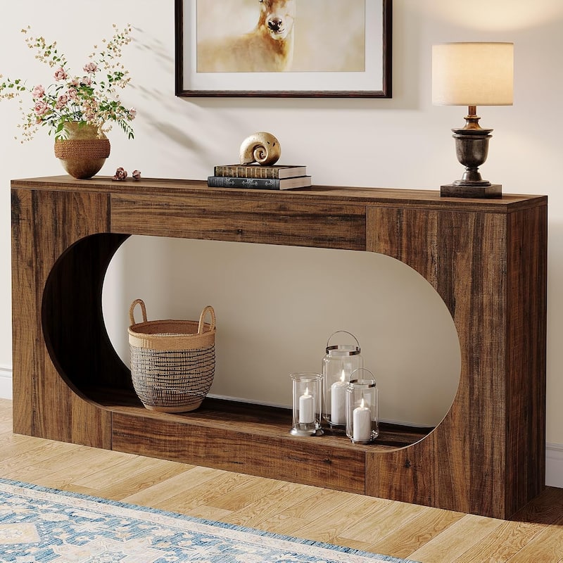 63" Farmhouse Console Table with Scalloped Edge for Living Room and Hallway