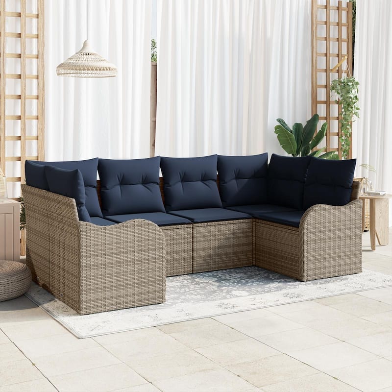 vidaXL 6 Garden Sofa Set with Cushions Black/Brown/Grey Poly Rattan - 92.1 x 48.2 x 27.2 - Grey
