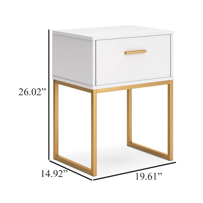 Alli Nightstand, 1 Drawer, Matte White Wood, Gold Metal Legs, 26 Inch