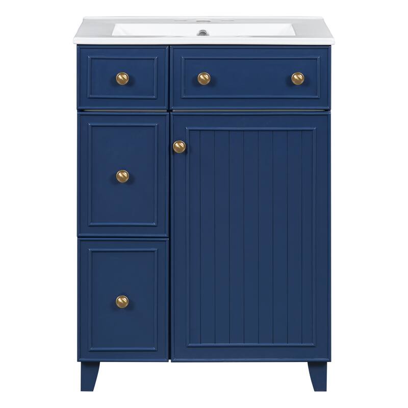 24-Inch Small Bathroom Vanity with Ceramic Sink, Modern Design Freestanding Storage Cabinet with 2 Drawers and 1 Door