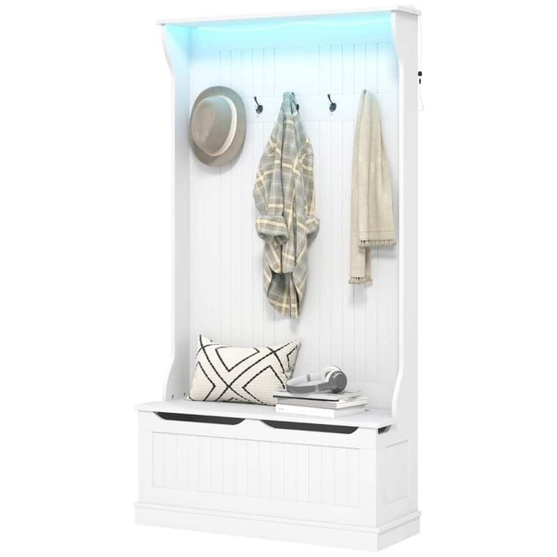MDF Hall Tree Storage Bench with LED Light and Hooks - 37.75" W x 13.5" D x 70.75" H - White