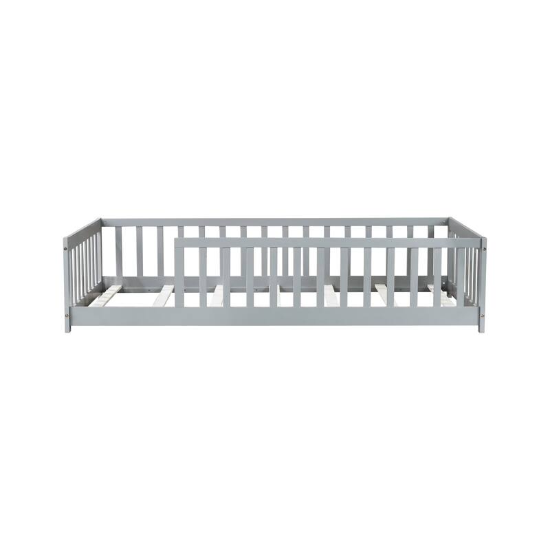 Montessori Twin Size Toddler Floor Bed with Fence without Door, Open-row Design Wood Frame Platform Bed with Safety Guardrails