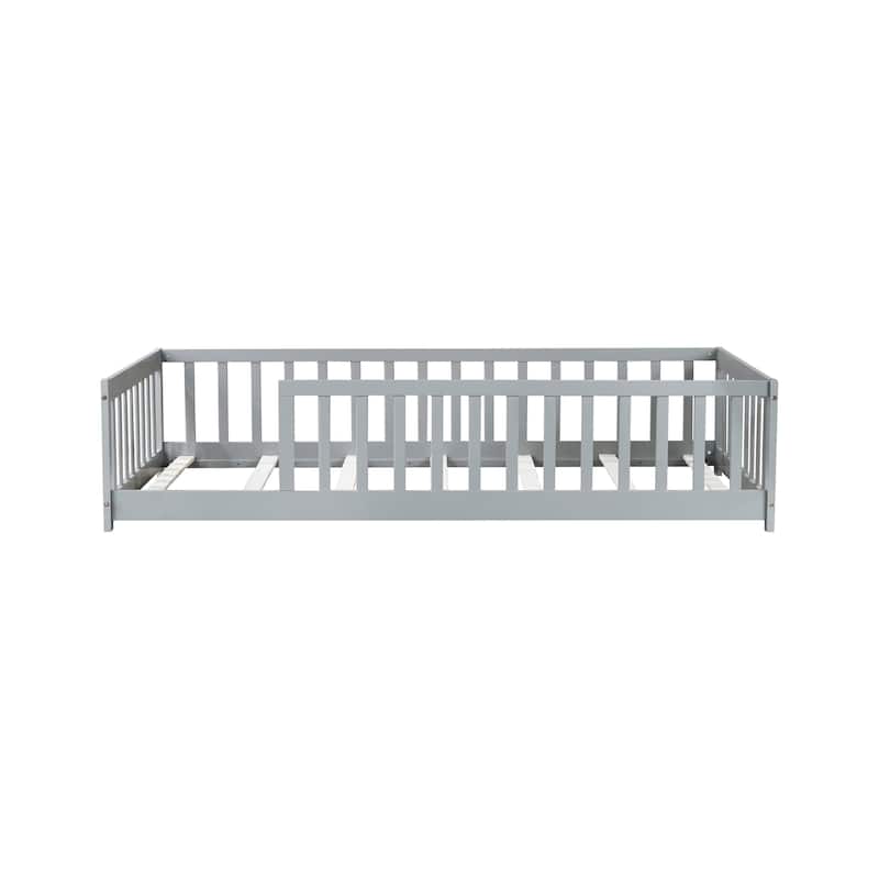 Twin Size Rubber Wood Floor Panel Bed with Safety Fence - No Door Version