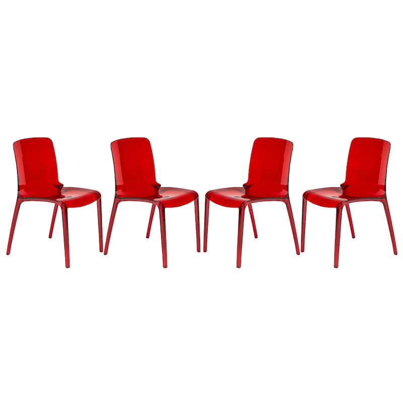 Stackable Acrylic Minimalist Plastic Dining Chair Modern Full Back Transparent Accent Side Chair for Kitchen Set of 4 - Transparent Red