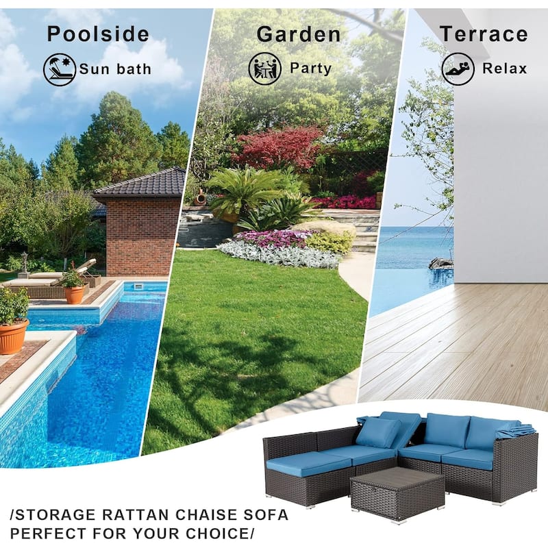 Erommy 6-Piece Patio Set - Rattan Daybed with Canopy & Adjustable Backrest