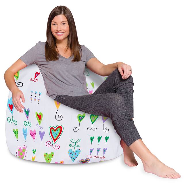 Kids Bean Bag Chair, Big Comfy Chair - Machine Washable Cover - 48 Inch Extra Large - Canvas Multi-colored Hearts on White
