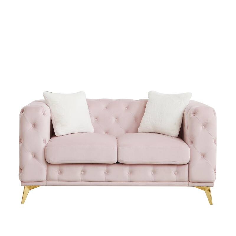 Velvet Chesterfield Loveseat Sofa, Tufted Button Upholstered 2 Seater Sofa, Lounge Sofa Chair with 2 Pillows & Metal Legs