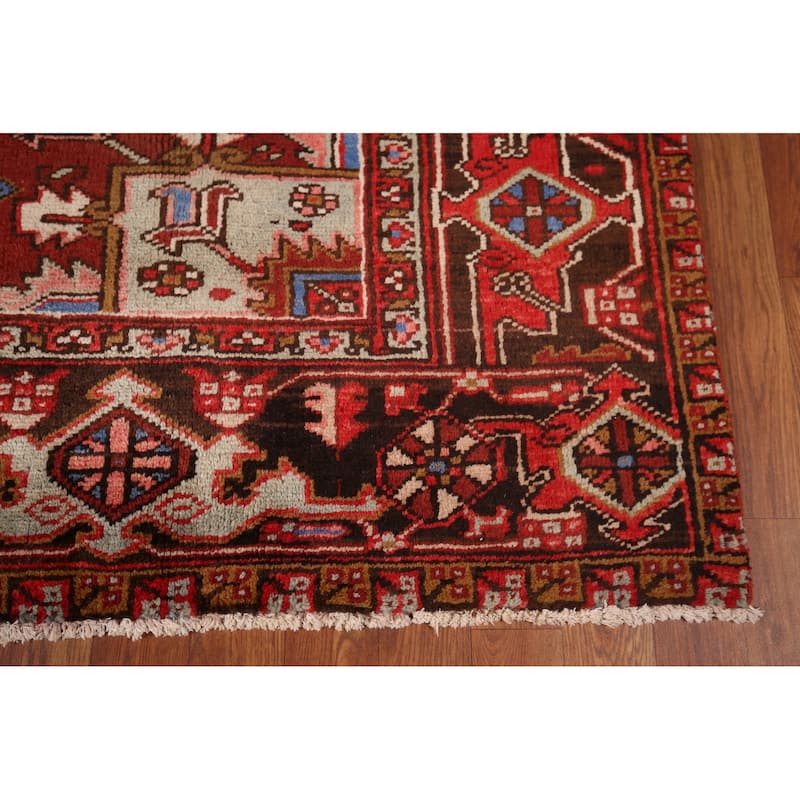 Geometric Heriz Persian Vintage Area Rug Hand-Knotted Red Wool Carpet - 7'5"x 10'9"
