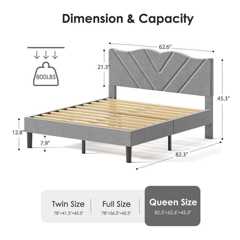 Modern Platform Bed Frame with Upholstered Headboard & Wooden Slats - No Box Spring Needed, Easy Assembly, Grey