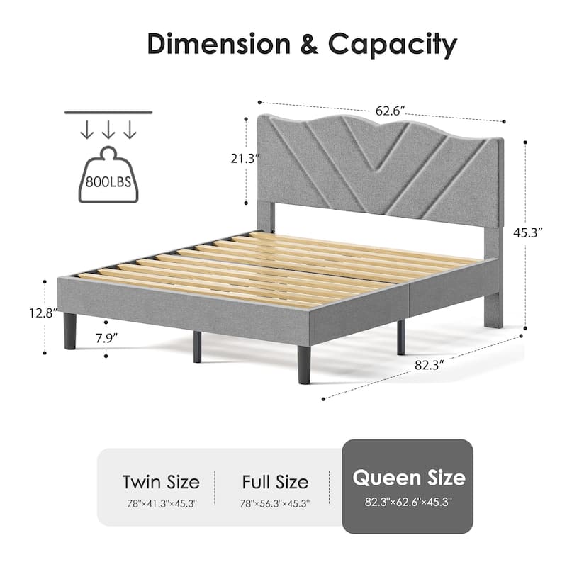 Queen Size Upholstered Bed Frame with Wooden Slats, Padded Headboard, Heavy-Duty Support, No Box Spring Required