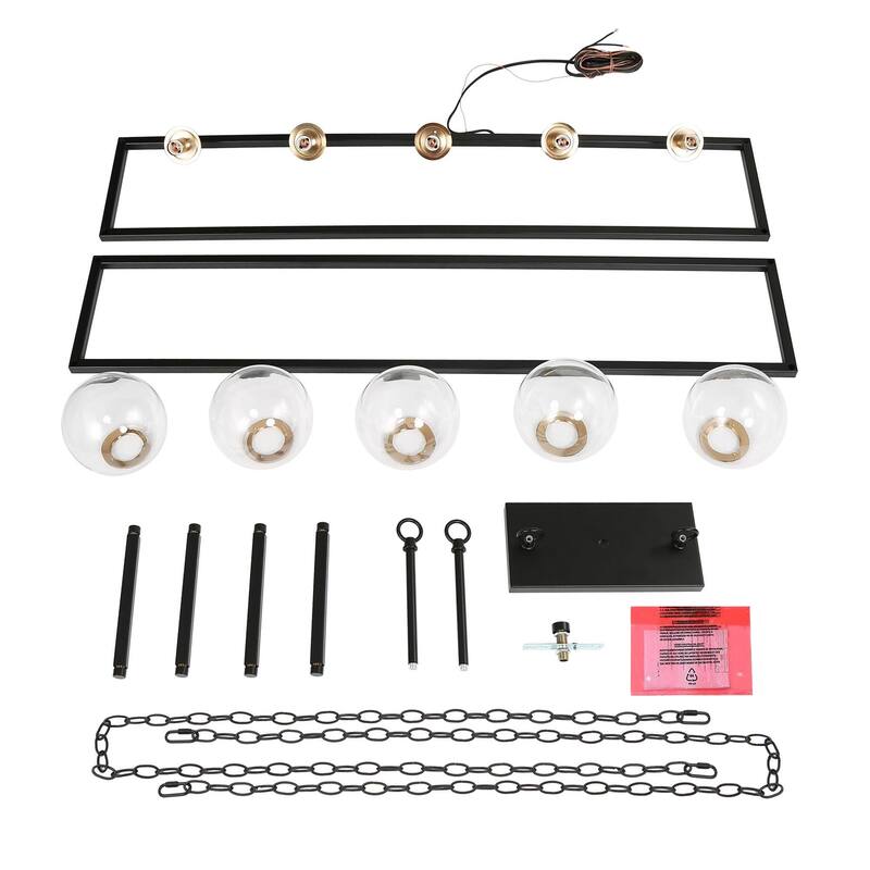 Torin Modern 5-Light 41.5" Black Gold Geometric Chandelier Globe Glass Kitchen Island Pendant Lights - 41.5" L x 12" W x 19.5" H