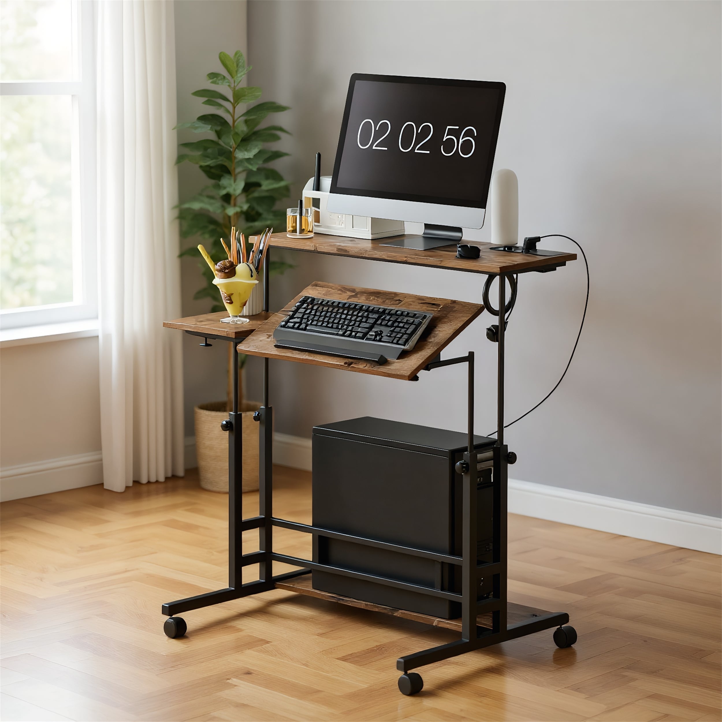 Height Adjustable Desk with Built-in Charging Station, Lockable Wheels