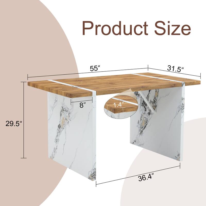 Natural Wood Grain Mdf Dining Table,Wood Textured Desktop,Marble Patterned Table Legs - White,Wood