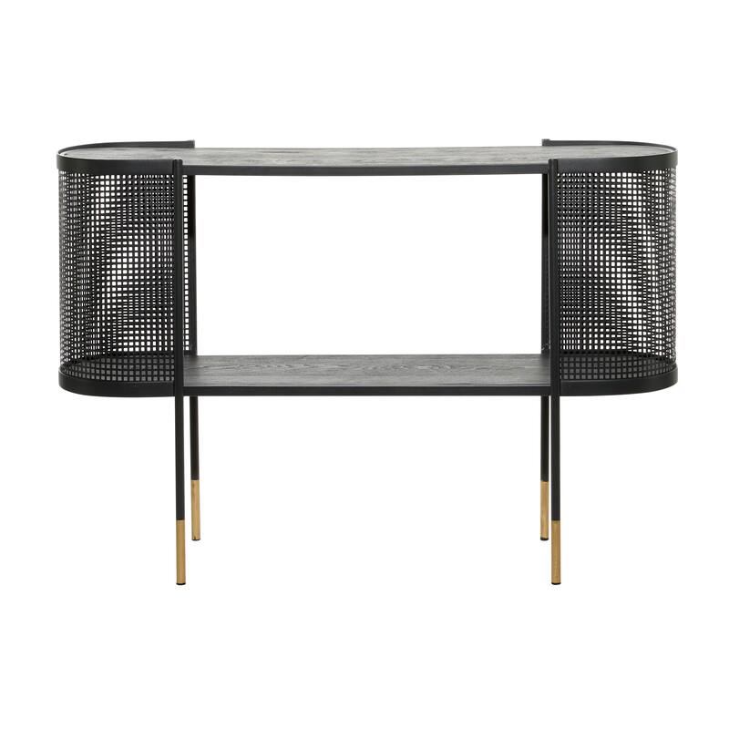 Black Metal Mesh Side Panel 1 Shelf Console Table with Open Center Storage