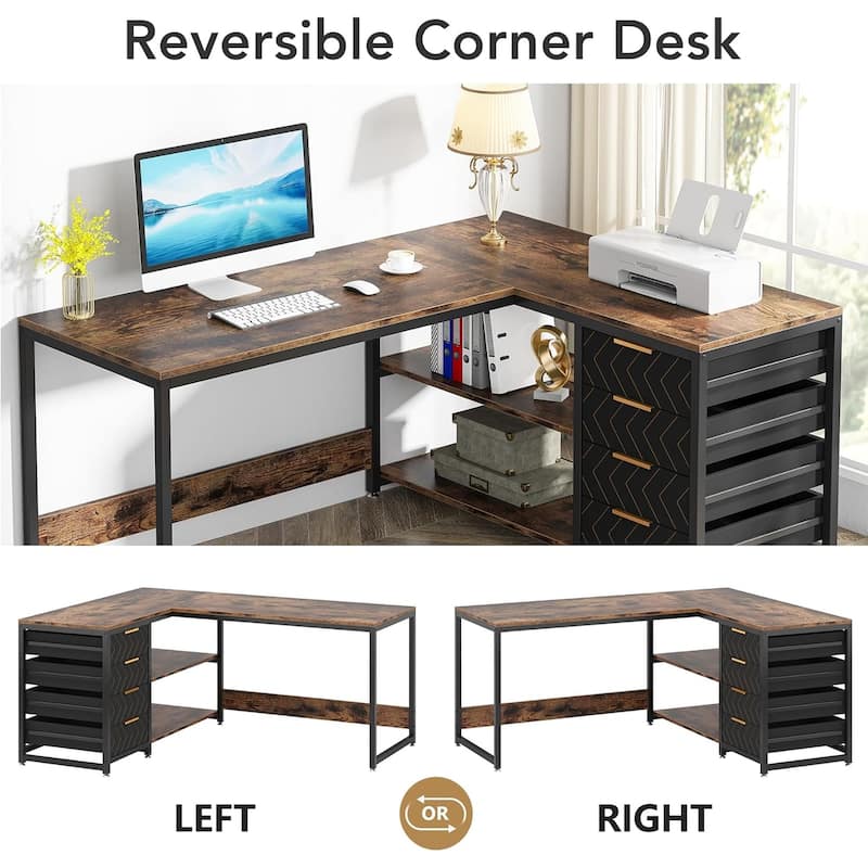 59"L-Shaped Computer Desk with Drawers and Shelves, Reversible Corner Office Desk Workstation, Writing Table with File Cabinets