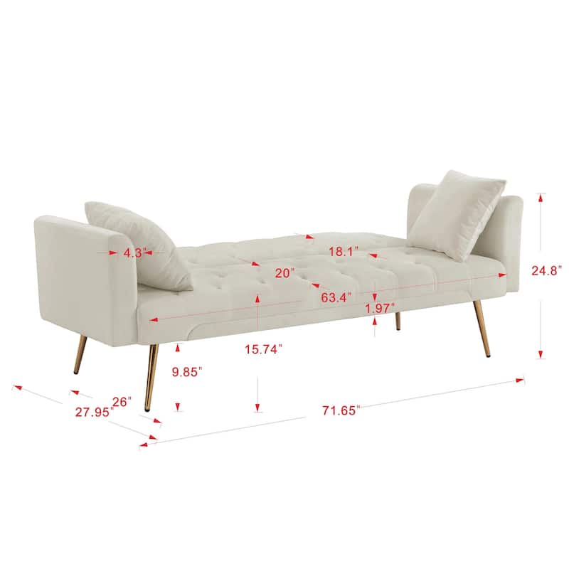 Velvet Futon Sofa Bed with Metal Legs & 2 Pillows