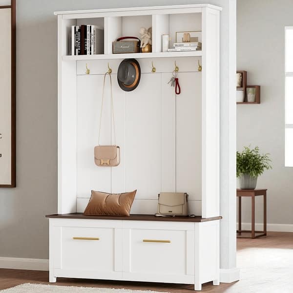 slide 2 of 7, 4-in-1 Hall Tree, 6 Gold Hooks, Wood Grain Bench, 2 Drawers, Entryway Organizer, 47.2W x 15.5D x 76.6H White