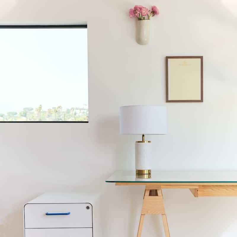Brightech Arden 17 in. White Mid-Century Modern LED Standard Table Lamp with White Fabric Drum Shade and Built-In USB Port