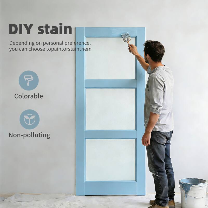 32" X 80"3-Lite French Interior Tempered Frosted Glass Door Slab for Pantry Doors, Solid Core Interior Door Hardware Kit