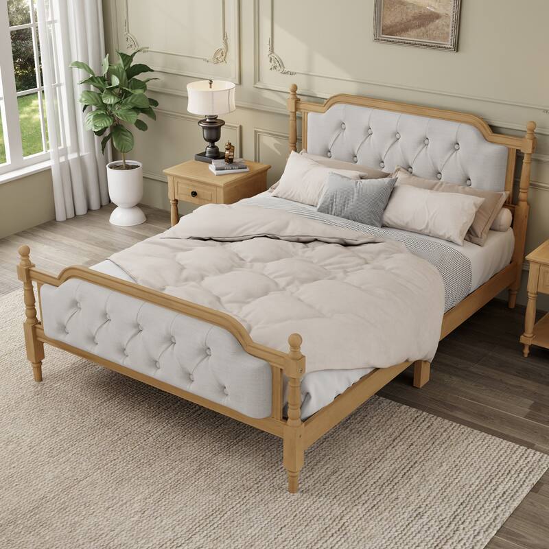 Roomfitters Full Size Solid Wood Bed Frame, Upholstered Tufted Headboard, Traditional Style, No Box Spring Needed