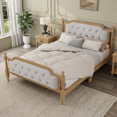 Wooden Platform Bed with Tufted Upholstered Headboard Footboard, No Box Spring Needed, Wood Slat Support Low Profile Bed