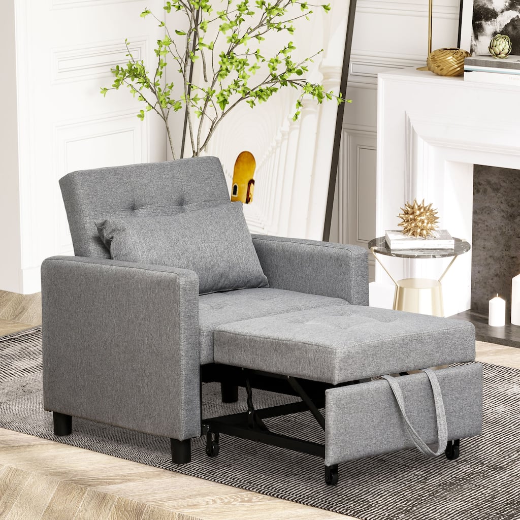 2-in-1 Grey Polyester Sofa Bed with Button Tufting and Casters Adjustable Recline for Small Spaces - 27.25" W x 30.25" D x 33" H