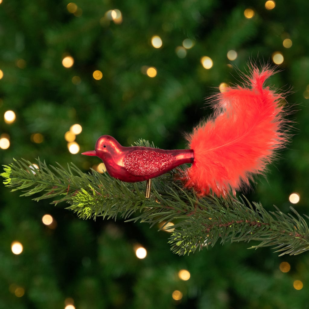 Glitter Winged Bird with Tail Clip On Glass Christmas Ornament - 5.5" - Red Orange