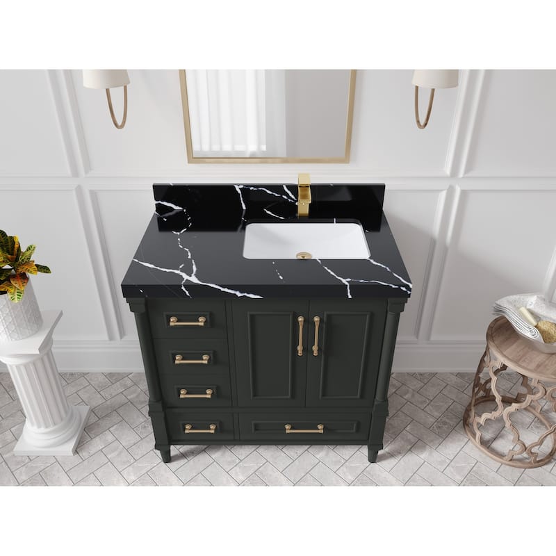Willow Collections 36 in. W x 22 in. D Aberdeen Right Offset Sink Bathroom Vanity with Countertop - 2" Calacatta Black - Black Top