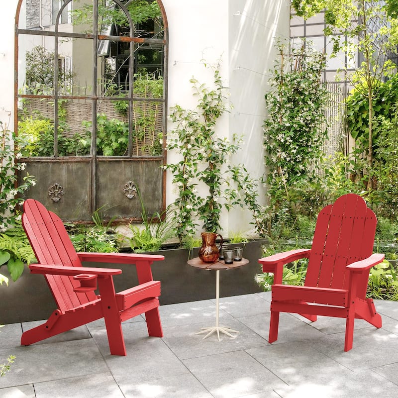 All-Weather Folding Plastic Outdoor Patio Adirondack Chairs With Cup Holder Set of 2 - 35"D x 30"W x 36.2"H