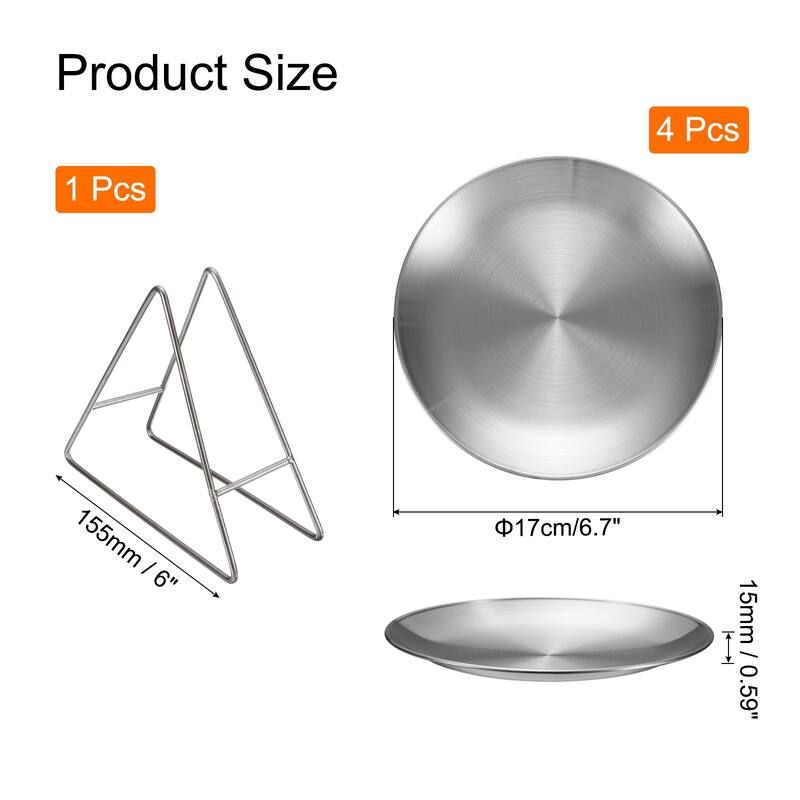 8pcs Stainless Steel Plates with Triangle Stand 6.7 Inch Plate - Silver Tone - Silver Tone