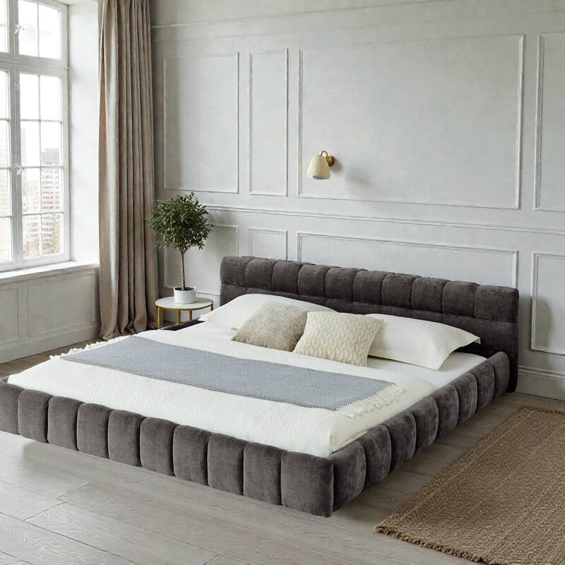 King Upholstered Platform Bed Frame with Thick Chenille Fabric, Grounded Modern Bed with Headboard, No Box Spring Needed