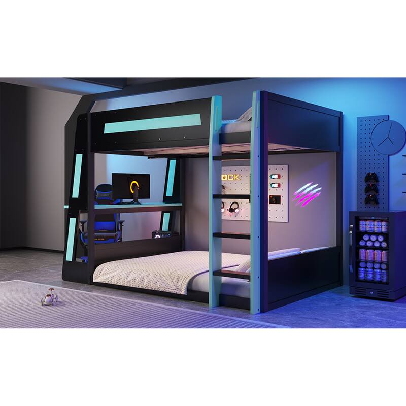 Roomfitters Twin/Full Over Twin Wooden Gaming Bunk Bed with Desk and LED Lights