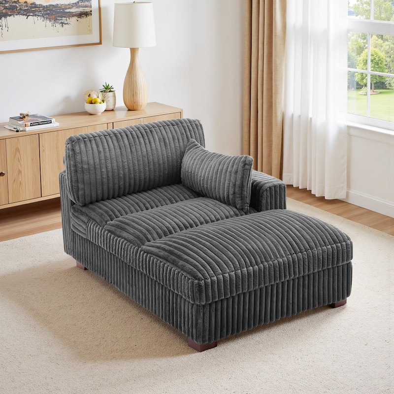 41" W Plush Corduroy Chaise Lounge with Pillows - Right Facing - Grey-Chaise