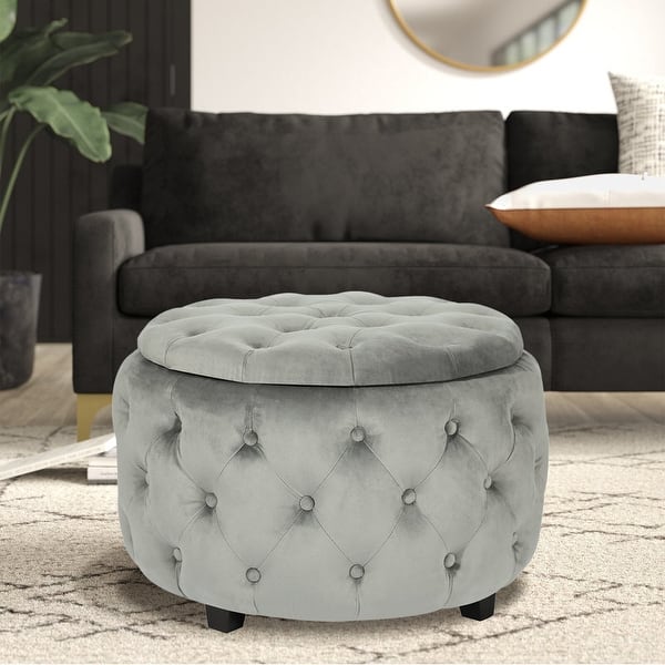 Adeco Round Velvet Storage Ottoman, Button Tufted Footrest Stool - On ...