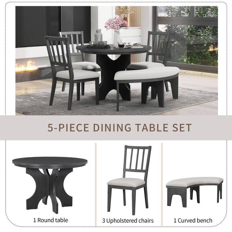 Roomfitters Round Pedestal Dining Table Set, 3 Upholstered Chairs, Curved Bench, 5-Piece Kitchen Furniture