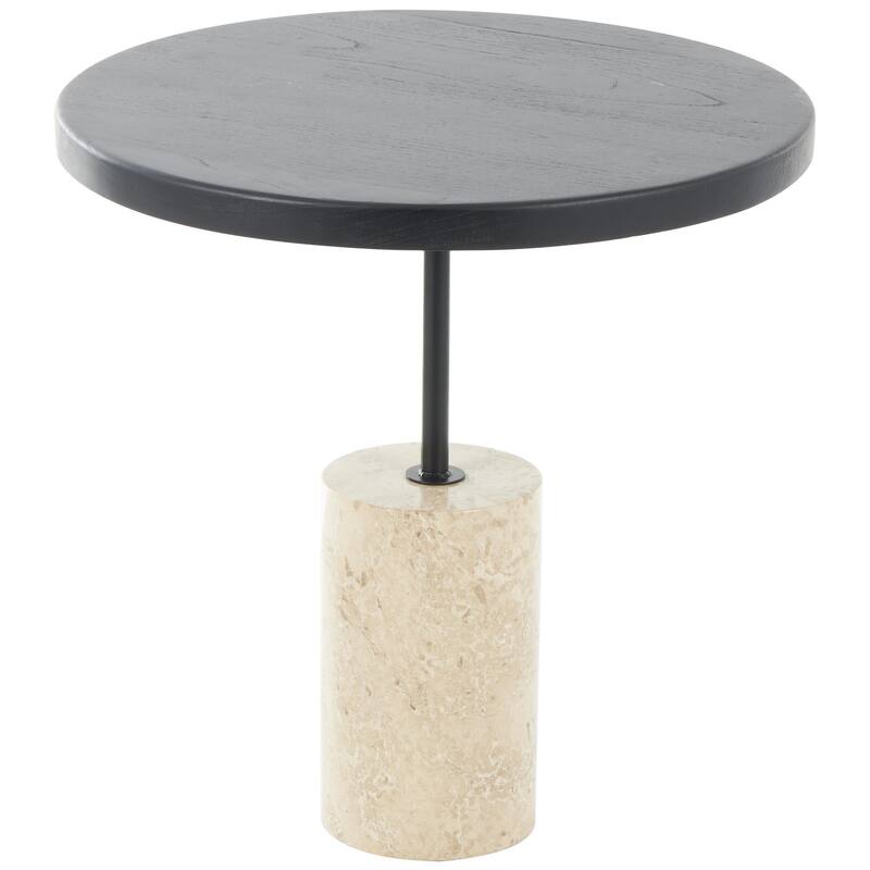 Black Wood Geometric Side End Accent Table with Ivory Marble Base