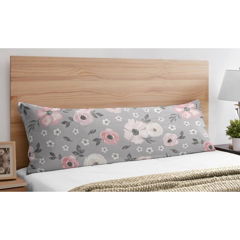 Grey Watercolor Floral Body Pillow Case (Pillow Not Included) - Blush Pink Gray Shabby Chic Rose Flower Polka Dot Farmhouse