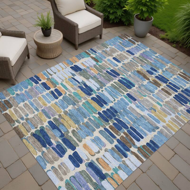 Machine Washable Indoor/ Outdoor Modern Caps Chantille Rug - Denim - 10' x 14'