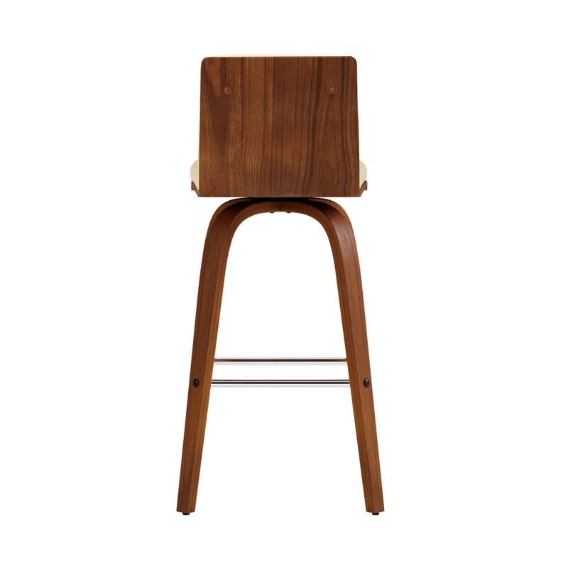 Modern Swivel Bar Stool with Low Backrest and Footrest Upholstered Walnut Finish Solid Wood Frame