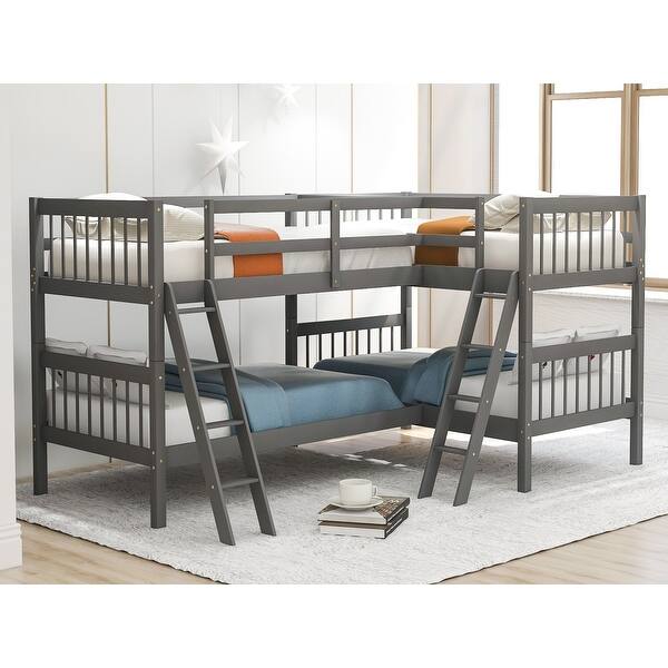 slide 2 of 15, Twin Size Wooden L-Shaped Triple Bunk Bed with Ladder, Can be Divided into two L-Shaped Beds, Bedroom Furniture for Kids Teens Gray - Twin