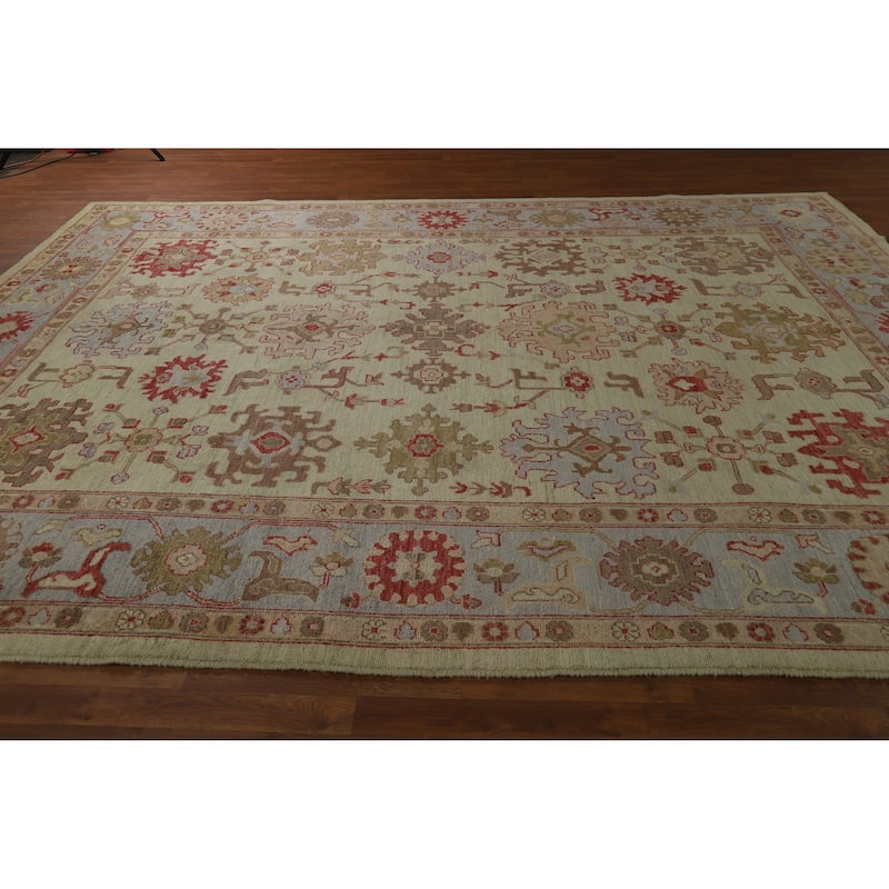 Hand Knotted Oriental 100% Wool Carpet Transitional All-Over Green Oushak Area Rug - 12' 4'' X 9' 2''
