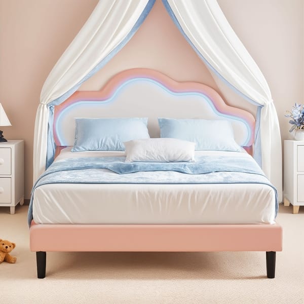 slide 2 of 35, Moasis PU Adjustable Cloud Headboard Bed Frame Platform with LED